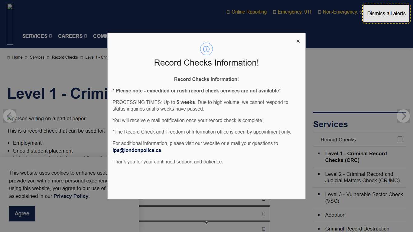 Level 1 - Criminal Record Checks (CRC) London Police Service